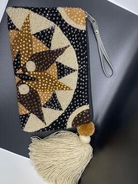 Beaded Geometric Tassel Wristlet Clutch - Black, Gold & Cream
